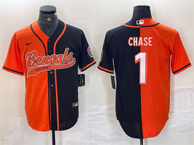Men's Cincinnati Bengals #1 Ja'Marr Chase Black/Orange Split With Patch Cool Base Stitched Baseball Jersey